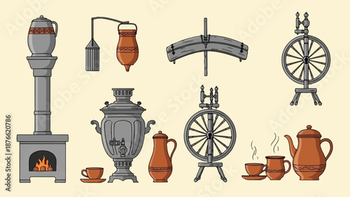 Collection of vintage household items including a stove, samovar, spinning wheels, and pottery for brewing tea