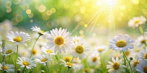 Radiant Sunbeams Illuminate a Field of Delicate White Daisies in a Vibrant Spring Meadow