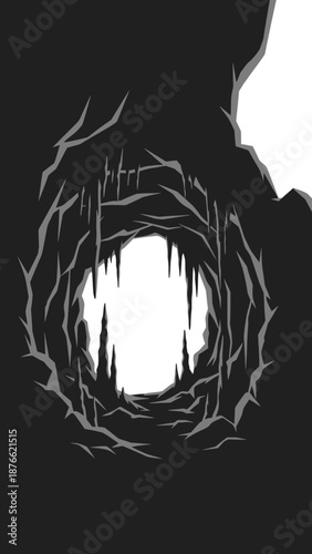 Dark Cave Entrance with Icicles and Rocky Walls - Abstract Illustration