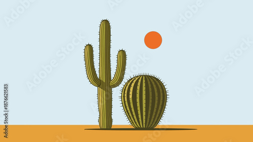Desert Landscape with Cacti and Sun