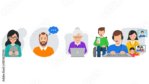 Diverse people connecting online via video calls and communication