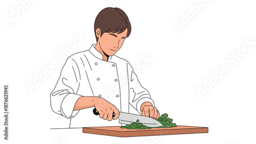 A focused Asian chef in a white uniform expertly chops fresh green herbs on a wooden cutting board with a sharp knife, perfect for food preparation, cooking, culinary training, or healthy