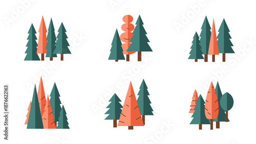 Flat Design Forest Icons: Pine Trees and Conifers in Geometric Style