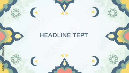 A colorful Ramadan Kareem Mubarak background illustration with a festive design and celestial patterns in shades of blue, yellow, and pink.