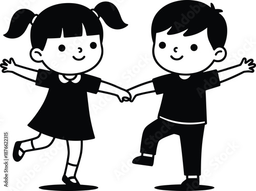 Cute children holding hands and dancing together black silhouette illustration expressing friendship happiness playful childhood joy and innocent connection