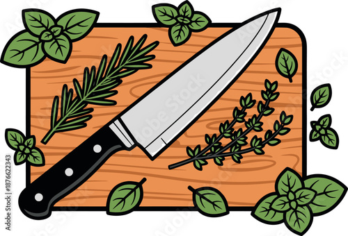 Culinary preparation scene featuring a wooden chopping board, a professional kitchen knife, and vibrant green basil, rosemary, and thyme herbs, ideal for food related marketing materials