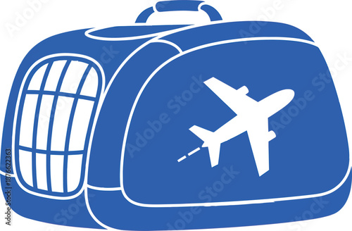 Blue pet carrier with an airplane icon symbolizing safe and comfortable animal air travel, perfect for promoting airline pet policies and services for pet owners planning vacations.