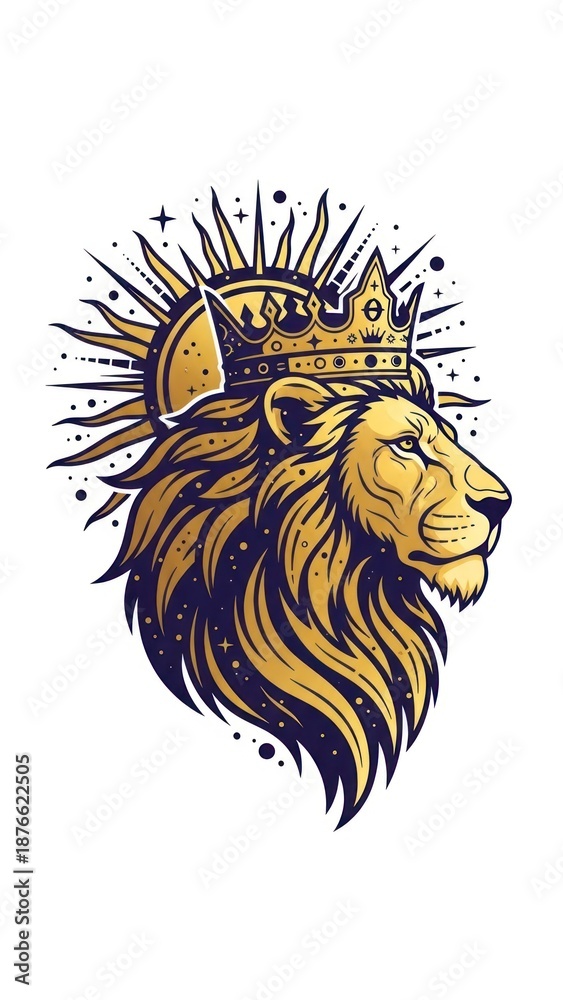 Obraz premium Regal Lion Head Emblem with Crown and Radiant Rays – Bold Graphic Logo Design.