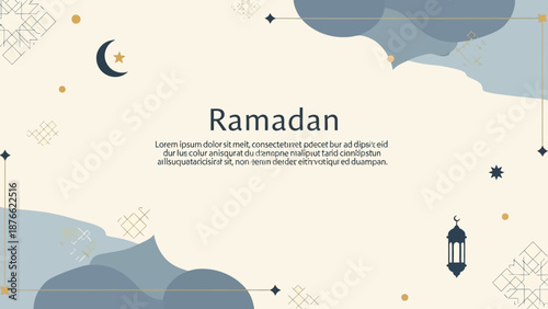 Digital illustration of a Ramadan Kareem Mubarak background with a serene moon, lantern, and clouds in soothing blue and beige tones.
