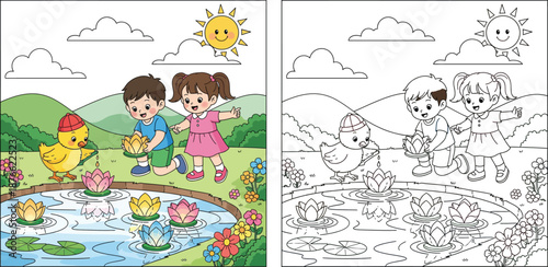 Cute cartoon children releasing glowing lotus lanterns in a pond. Happy boy and girl with a chick watering flowers outdoors. Vector illustration for festivals or nature themes.