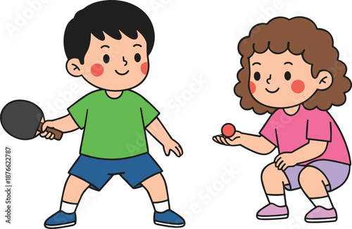 Cute children playing table tennis illustration, boy holding paddle and girl with ball, cartoon style isolated
