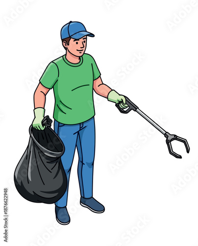 Man actively participating in a community clean up initiative, holding a refuse bag and a trash grabber, ideal for promoting ecological awareness and volunteer work.
