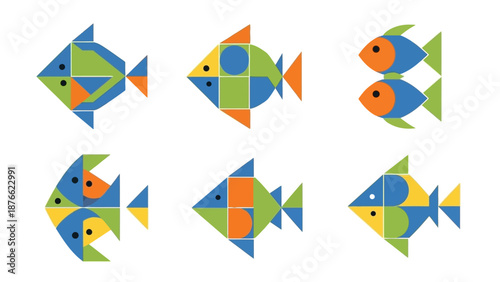Geometric Fish Shapes Illustration - Colorful Abstract Aquatic Creatures