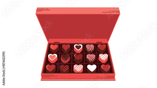 A vibrant open red box of assorted heartshaped chocolates, perfect for romantic celebrations, expressing affection, holiday gifting, sweet treat promotions, and confectionery advertisements.