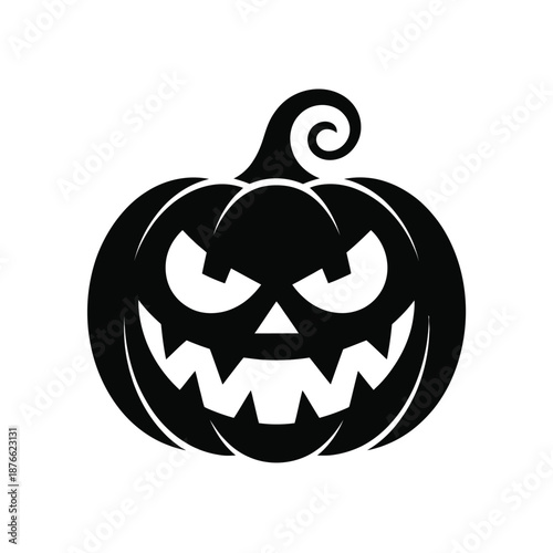 A spooky black silhouette of a carved jack o lantern with a curly stem