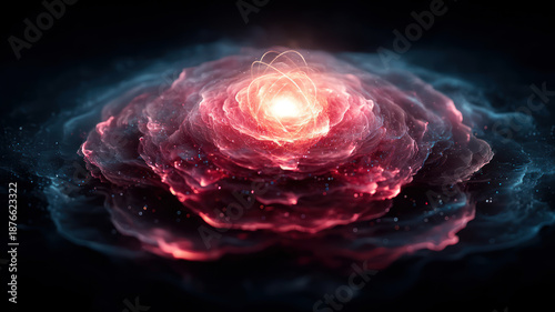 Electron cloud surrounding a nuclear core, artistic imagination, black background