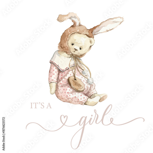 Watercolor Teddy Bear It's a Girl Bunny Bonnet Baby Shower Vector Illustration