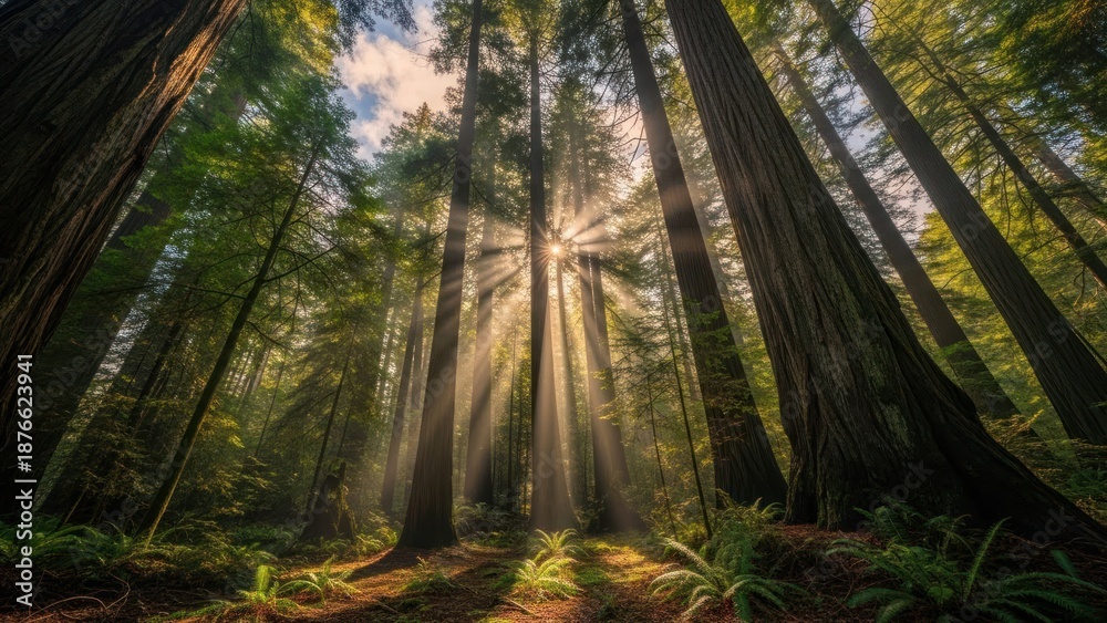 Obraz premium Sunlight pierces through tall trees in a lush forest