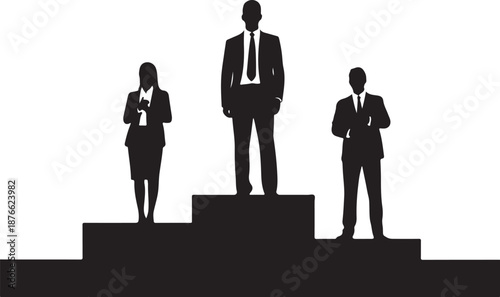 Three people standing on podium in business attire silhouette