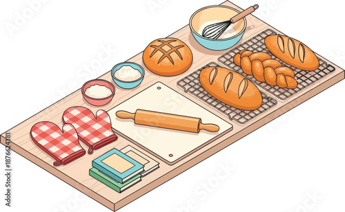 A delightful collection of homemade bread, baking ingredients, and kitchen tools neatly arranged on a rustic wooden table for culinary inspiration and recipe content.