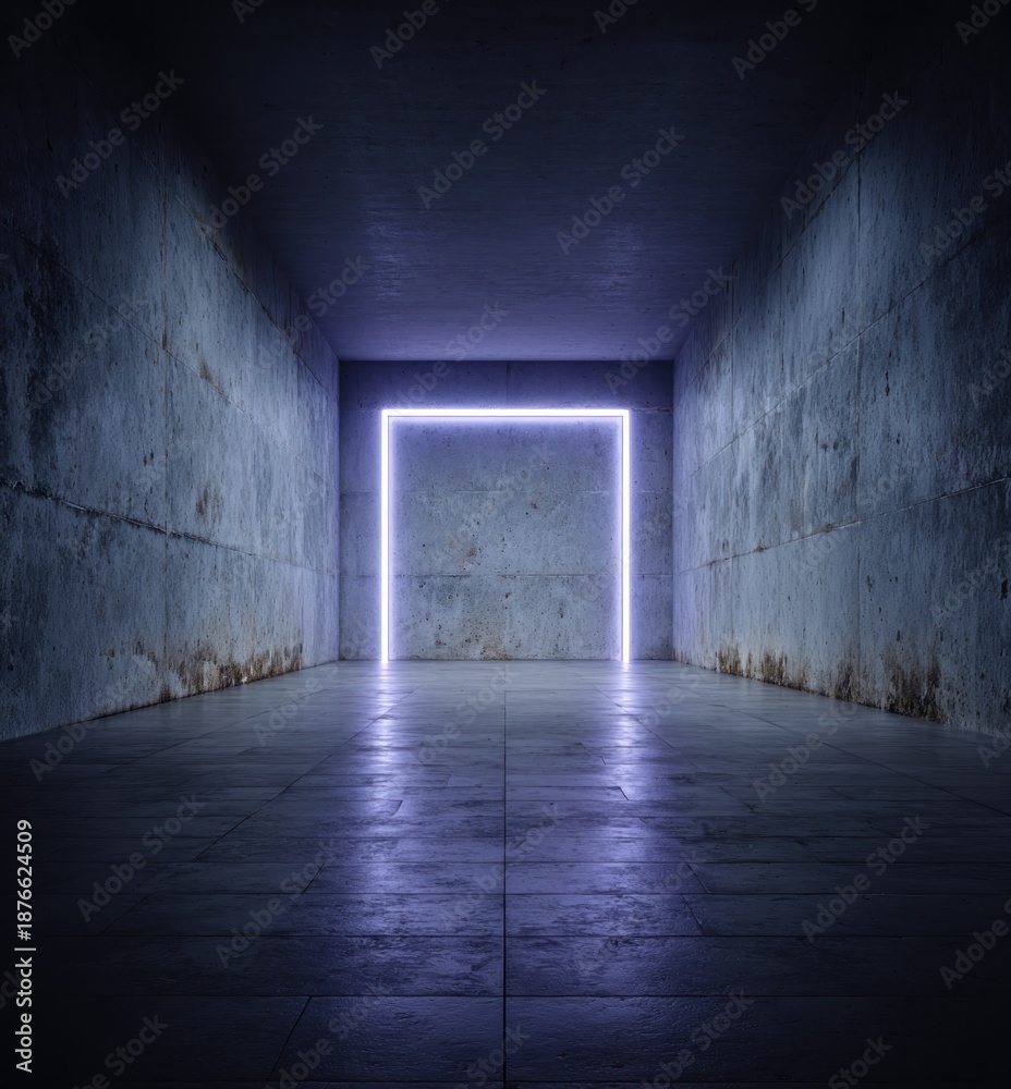 Obraz premium Concrete tunnel ending in a glowing purple square, cool lighting and an ominous vibe