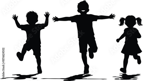 Happy children silhouettes jumping and playing together outdoors representing childhood freedom joy active lifestyle and playful energy concept illustration