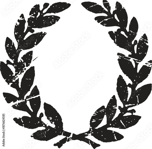 Distressed black laurel wreath symbol with vintage grunge texture for victory and honor