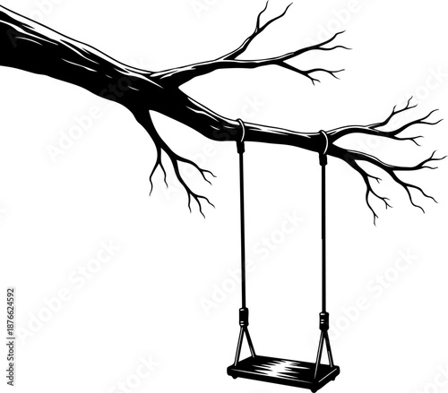 wooden swing hanging from a bare tree branch silhouette vector illustration