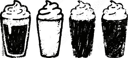 Four hand drawn coffee cups with foam, latte art, and textured shading in black and white