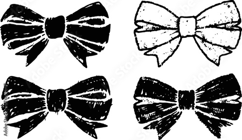 Vintage black and white bow illustrations set, classic decorative ribbon designs collection