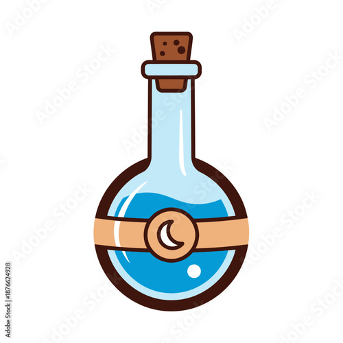 Magical Potion Bottle with Crescent Moon Symbol and Blue Liquid