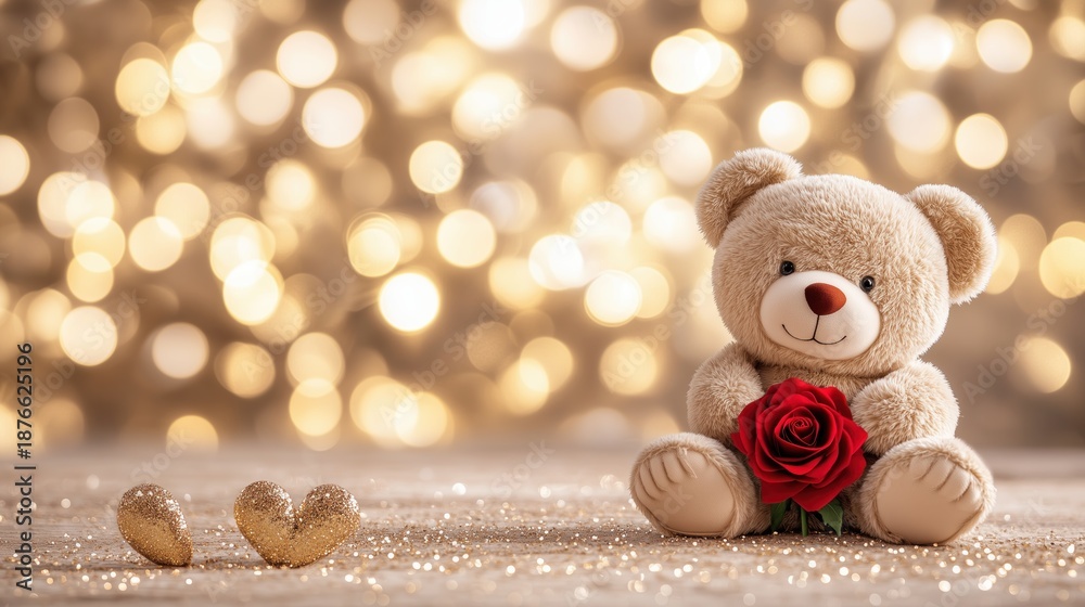 custom made wallpaper toronto digitalCute teddy bear holding a red rose with glitter hearts and golden bokeh lights, perfect for Valentine s Day or romantic celebrations