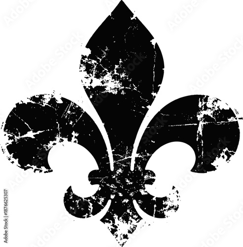 worn vintage fleur de lis symbol with distressed black texture on white background