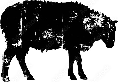 Grunge silhouette of a cow standing, rustic animal design in black and white