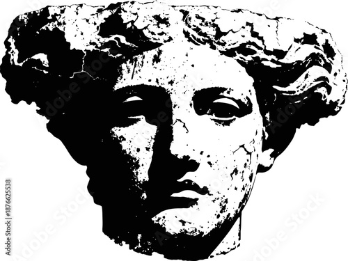 Ancient cracked stone sculpture head, classical art, vintage damaged statue portrait, monochrome