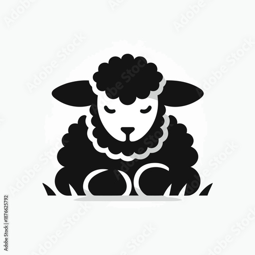 A black and white illustration of a sheep sitting calmly in a serene environment