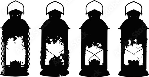 Silhouettes of four vintage lanterns with ornate tops and distressed glass panels in black
