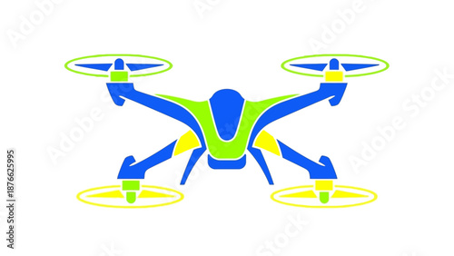Modern Drone Quadcopter Icon, Blue and Green, Isolated on White Background