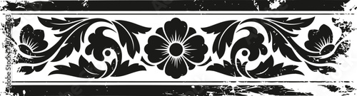 Vintage floral ornamental border design with distressed black and white decorative pattern