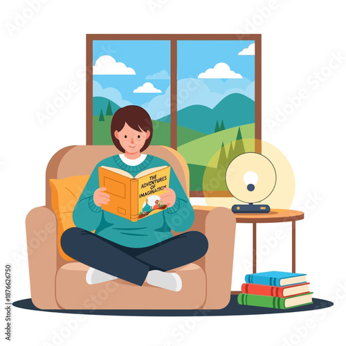 Person Reading Book Relaxing in Armchair by Window with Books and Lamp