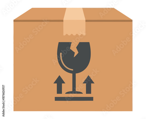 Brown delivery box with a fragile shipping symbol indicating careful handling and proper orientation, perfect for conveying logistics, packaging, and parcel safety in various commercial
