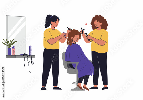 Two female hairdressers collaboratively style a client's hair in a modern beauty salon, showcasing professional hair care, teamwork, and a personalized experience.