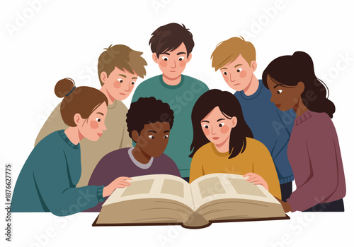 Diverse group of young students collaboratively studying an open book, engaged in learning and academic teamwork.