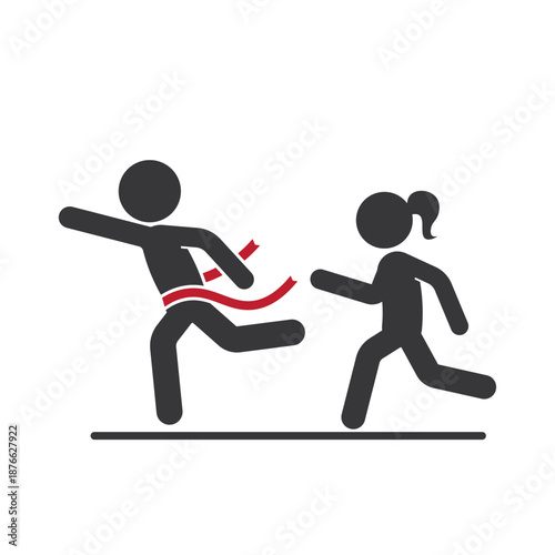 Isolated pictogram of race winner crossing red finish ribbon, symbol for success, achievement, championship, victory, and athletic competition celebration.