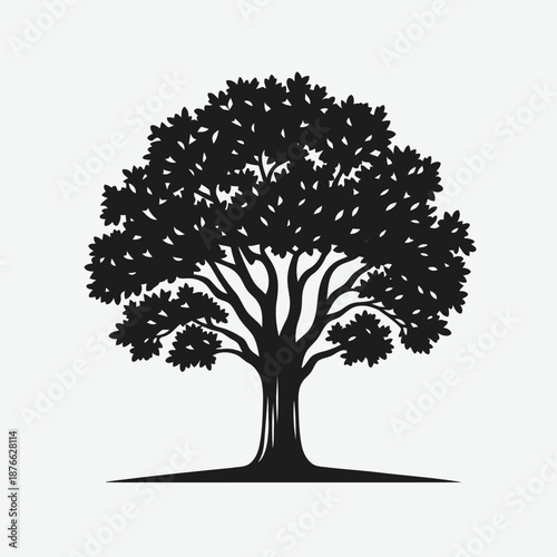 Silhouette of a lush full tree with detailed branches and leaves against a white background