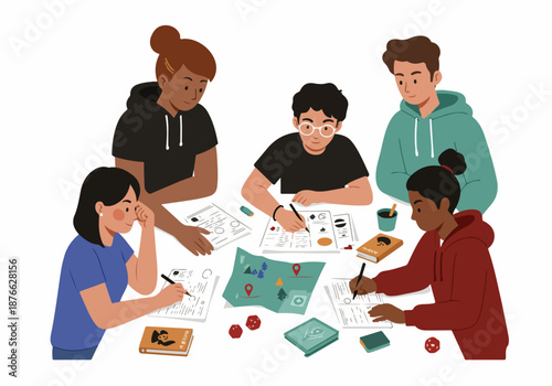 Diverse group of young friends deeply engrossed in a tabletop role-playing game session, collaborating around a map with character sheets and dice.