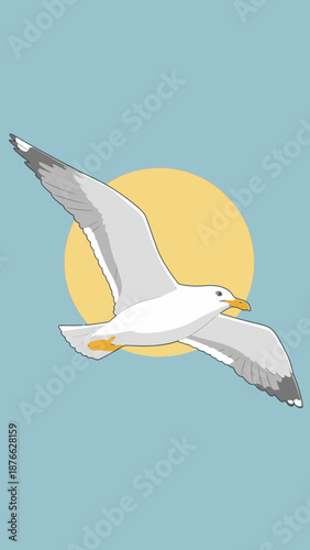 Seagull flying over sun, blue sky, graphic illustration