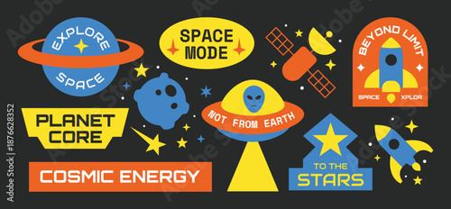 Set of space stickers, badges, patches collection. UFO, planets, stars, rocket design.