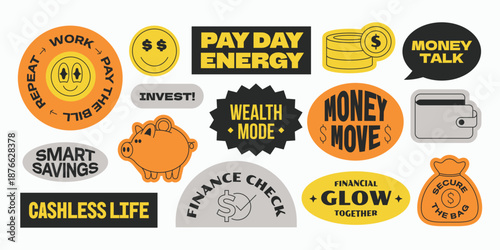 Set of Finance stickers collection with financial motivational phrase. Piggy bank, wallet, money design.