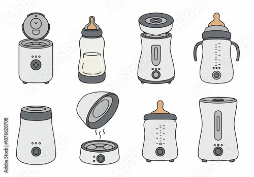 Vector illustration set of baby bottle warmers and feeding bottles, showcasing various designs and functions for infant milk preparation and sterilization.